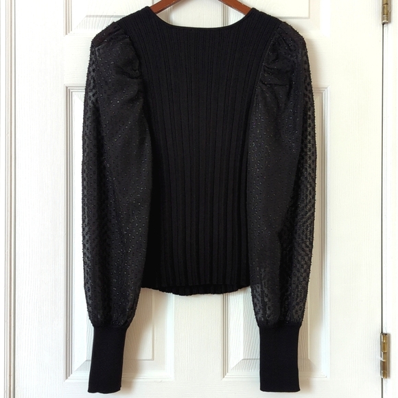 Anthropologie Ribbed Knit Scoop Neck Sheer Shimmer Puff Sleeve Sweater Black S - Picture 8 of 10